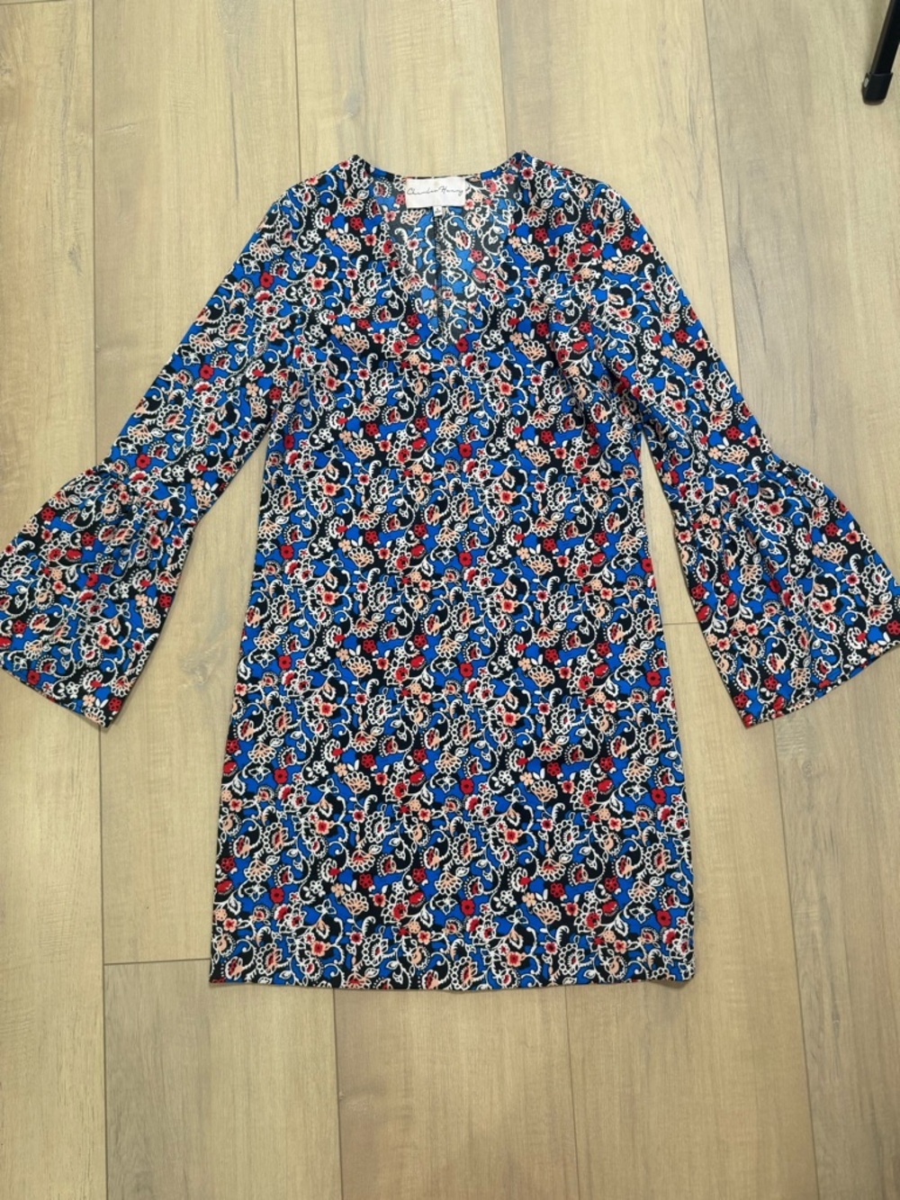 Charles Henry Blue Floral Long-Sleeve Dress with Red and White Accents